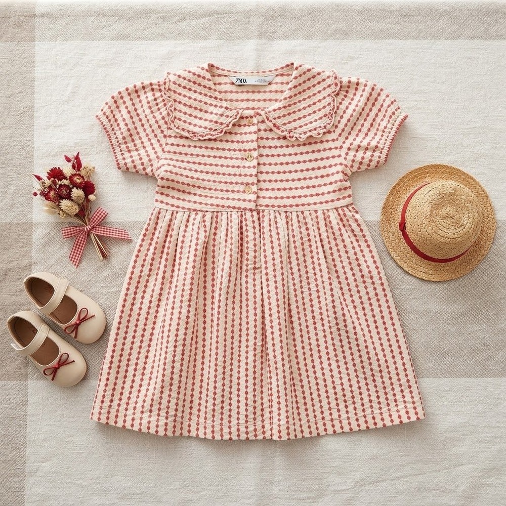 Zara Kids Girls Red Cream Textured Stripe Peter Pan Collar Dress Size 4-5 Years